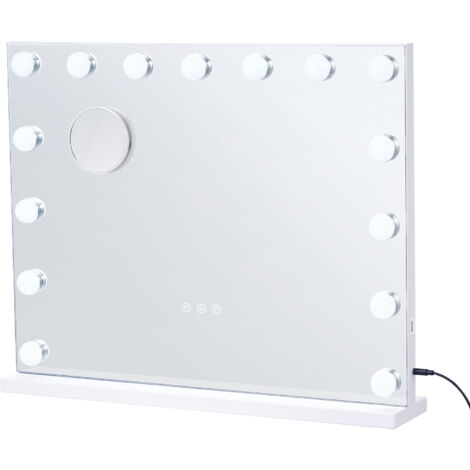 Mophorn Miroir de courtoisie Hollywood avec lumières-22,8x18,1 po, blanc. 15 ampoules à intensité variable, 3 modes de couleur. Grossissement 5X amovible. Port USB. Contrôle tactile intelligent. (1/5)