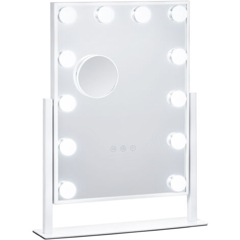 Miroir Hollywood Lumineux LED 58x46 Cm – 15 Ampoules à Intensité Variable, Écran Tactile, USB & Loupe 10x, Haut-parleur Bluetooth Intégré