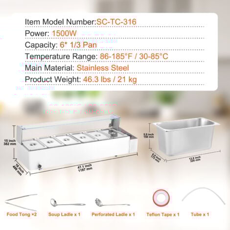 Mophorn Réchauffeur de nourriture commercial à 6 poêles, comptoir de 1500 W en acier inoxydable Buffet Bain Marie, 6 x 5 QT table à vapeur électrique argentée avec couvercle en verre