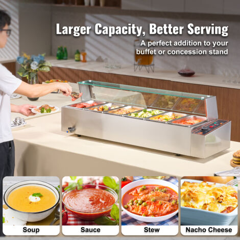 Mophorn Réchauffeur de nourriture commercial à 6 poêles, comptoir de 1500 W en acier inoxydable Buffet Bain Marie, 6 x 5 QT table à vapeur électrique argentée avec couvercle en verre