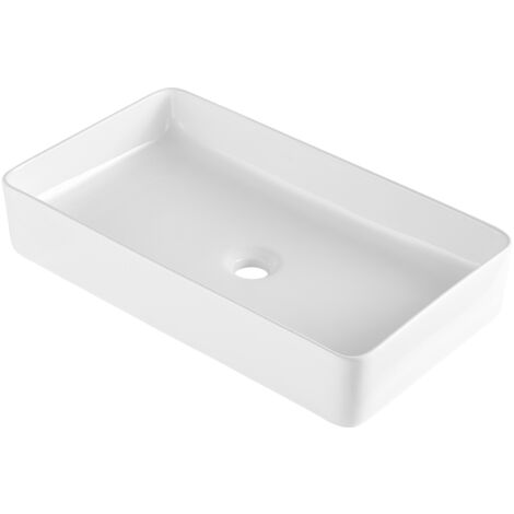 Mophorn – Lavabo à poser rectangulaire en céramique blanc brillant 609x351x112mm – Drainage efficace avec trou de 43mm – Installation simple en 4 étapes