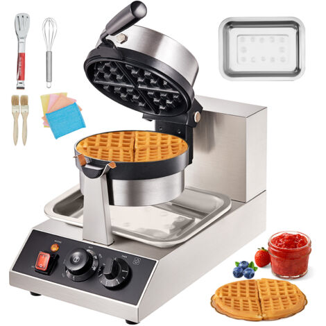 Mophorn Gaufrier commercial rond, 1300W, rotatif, antiadhésif, pour la maison et l'entreprise, 220V, acier inoxydable, noir