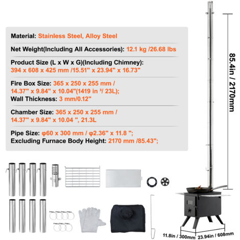 Poêle à Bois Portable LAMA – Mini En Acier Inox 304, 4,9kg, Avec Tuyaux Cheminee, Pour Camping Tente Jardin