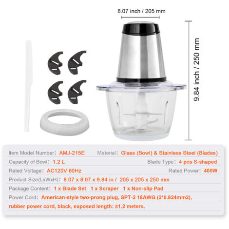 Mophorn Hachoir électrique, robot de cuisine à bol en verre de 5 tasses, hachoir à viande pour la cuisine, argenté