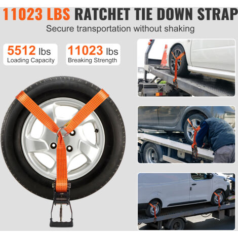 Kit 4 Sangles D'Arrimage Jante VEVOR - Sangles à Cliquet 5,08x305 Cm, Charge 2500 Kg / Rupture 5000 Kg Pour Remorque Moto Voiture SUV