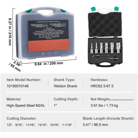 Perceuse Magnétique VEVOR 1100W - 6 Mèches Coupe Annulaires HSS Incluses, Profondeur Max 50mm