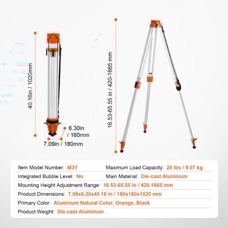 Mophorn Trépied niveau laser, support fileté 5/8"-11, hauteur réglable 16,53-65,55 pouces, trépied d'arpentage robuste avec pieds rétractables, antidérapants