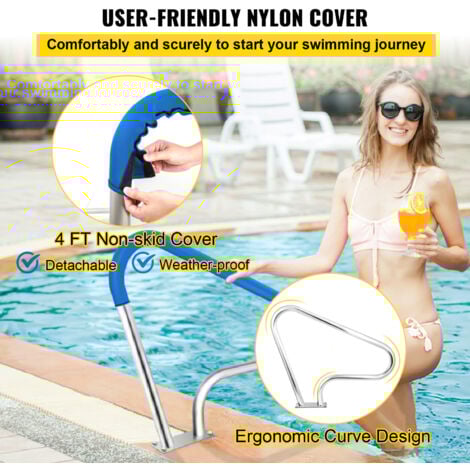 Mophorn   Rail de piscine 39x32 » Acier inoxydable 304 Argent Antirouille Main courante de piscine Capacité de charge 250LBS avec Couverture Grip Bleue