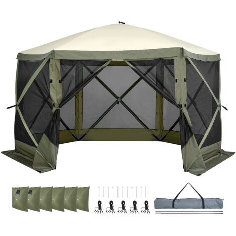 Mophorn – Tente pop-up 3,7 x 3,7 m avec moustiquaire – 6 côtés, fenêtres en maille, panneaux d'intimité amovibles – Abri solaire vert armée (1/5)