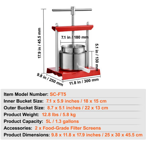 Presse Hydraulique 12L Acier Inoxydable - Pour Fruits, Vin, Jus, Fromage, Miel - Force 3 Tonnes - Manuel Avec Vérin - 5