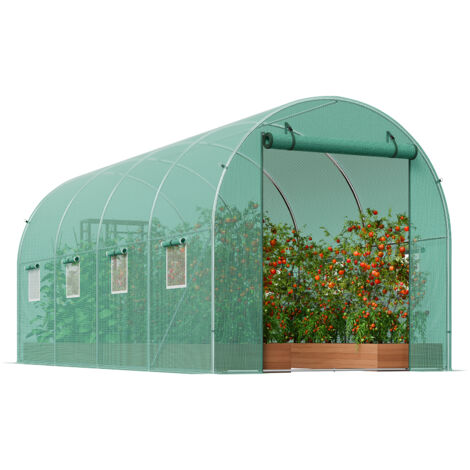 Mophorn  Serre tunnel sans rendez-vous, serre à film de 14,6 x 6,4 x 6,3 pieds, maison tunnel pour plantes avec cadre en acier galvanisé, couverture en PE vert, porte à fermeture éclair enroulable (1/5)