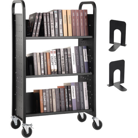 VEVOR Chariot A Livres, 90 Kg, Chariot De Bibliotheque A Etageres Inclinees Double Face En Forme De W Avec Roues Verrouillables De 4 Pouces 82401956