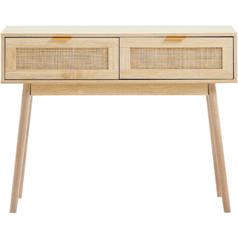 Mophorn Table console en rotin - 2 tiroirs et porte coulissante naturelle La table console en rotin naturel et 2 tiroirs de rangement (1/5)