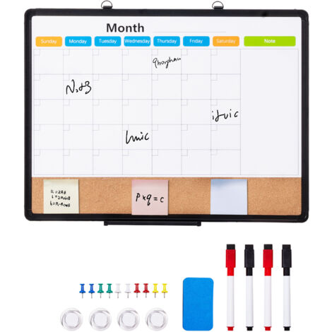 Mophorn  24"x18" Calendrier mensuel Tableau blanc et tableau en liège Combo avec cadre en aluminium – Tableau magnétique effaçable à sec 2 en 1 pour montage mural – Parfait pour le bureau, l'école