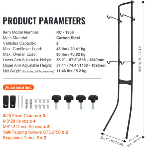 Support VEVOR LGSZXCCFJHSGV7VLP Support Vélo Vertical VEVOR Pour 4 Vélos - Autoportant, Charge Max 118 Kg Rangement Vélo Vertical