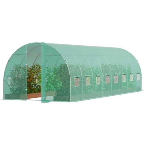 Mophorn  serre tunnel de plain-pied, 27,4 x 9,5 x 7,4 pieds, cadre galvanisé, couverture en PE vert, porte battante, 16 fenêtres, serre pour plantes d'extérieur