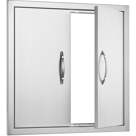 Mophorn Porte d'accès pour barbecue, porte de cuisine extérieure double 610x610 mm, en acier inoxydable, porte murale verticale avec poignées et crochets pour îlot de barbecue, armoires extérieures