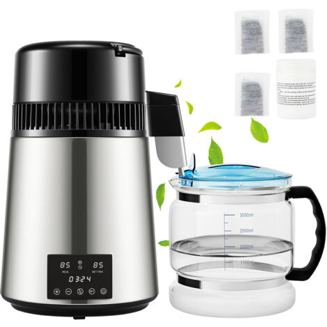 Mophorn Distillateur d'eau 4 L, 1 L/H, purificateur de comptoir 750 W avec double affichage de la température, minuterie 0-99 H, carafe en verre, poudre de nettoyage et packs de charbon (1/5)