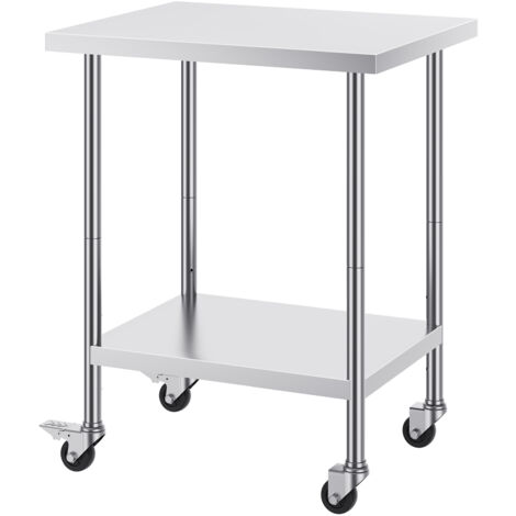 Mophorn Table de travail en acier inoxydable 24 x 30 x 38 pouces, 4 roues, 3 niveaux de hauteur réglables, table de préparation des aliments robuste pour cuisine commerciale, restaurant, argent (1/5)