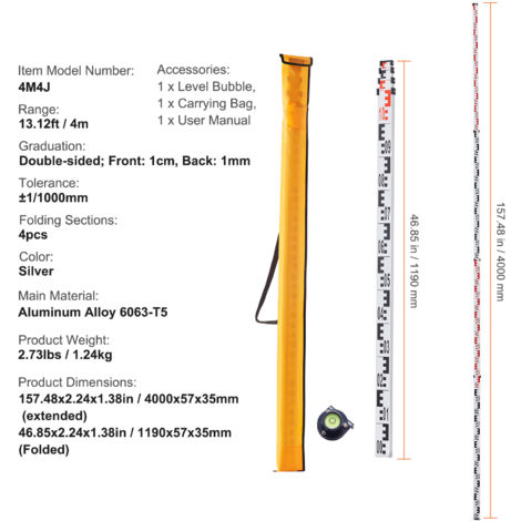 Mophorn Tige de mesure télescopique en aluminium, 16 pieds, 4 sections