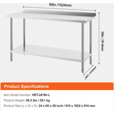Table de travail en acier inoxydable, 30 x 60 x 26 pouces, table
