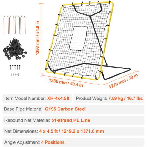 Filet Rebondisseur De Baseball/softball 4x4.5 Pieds - Jaune, En Acier Et PE, Neuf En Boîte