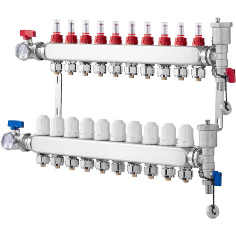 Mophorn Collecteur de chauffage radiant à 10 branches, collecteur de tubes PEX 1/2 po, collecteur PEX en acier inoxydable pour chauffage par le sol radiant hydronique, kit de collecteur PEX (1/5)