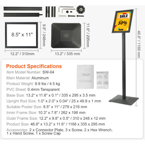 INNOVSIGN Lot De 2 Supports De Panneau Sur Pied Réglables Et Robustes En Aluminium Pour Affichage Vertical Et Horizontal - 27,9 X 43,2 Cm - Noir