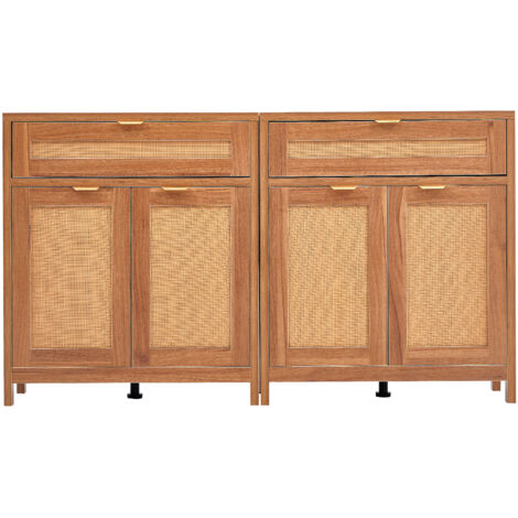 Mophorn Ensemble de 2 armoires en rotin - Finition naturelle avec 4 portes magnétiques et 2 tiroirs, étagères réglables pour un rangement spacieux, idéal pour les couloirs, les entrées