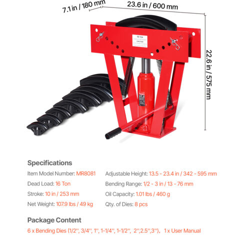 Cintreuse De Tuyaux Hydraulique 16 Tonnes - 8 Matrices Incluses | Pour Tubes 15 à 80 Mm, Acier Robuste - 3