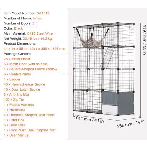 Mophorn Cage pour chat à 4 niveaux, grande taille, 104 x 35 x 139 cm, fil métallique amovible, idéale pour les chats et les petits animaux, noir
