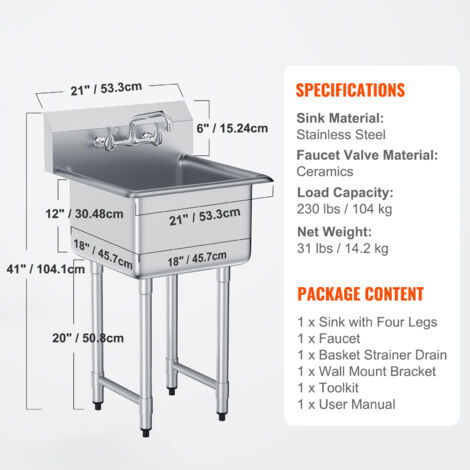 Évier Autoportant Acier Inoxydable 1 Bac Avec Robinet - Mobile Pour Intérieur/Extérieur - Pieds Réglables - 4 Tailles Au Choix