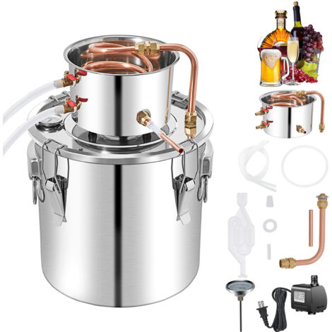 Mophorn Alambic à alcool 50 L,distillateur d'eau en acier inoxydable de 13,2 gallons avec condenseur et tube en cuivre,chaudière de vinification avec thermomètre intégré,kit de brassage maison,argent (1/5)