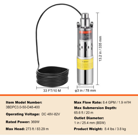 VEVOR Pompe à Eau Solaire 369W - Pompe De Puits Profond Submersible 48V CC, 1,9m³/h, Levée 83m Pour Irrigation Ferme Et Ranch
