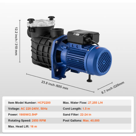 Mophorn Pompe de piscine hors sol, 2,5 CV, 120 GPM, débit max. Pompe de piscine à vitesse unique, 220 V, 2 850 tr/min, hauteur de refoulement max. de 16 m, pompe de piscine avec panier filtrant