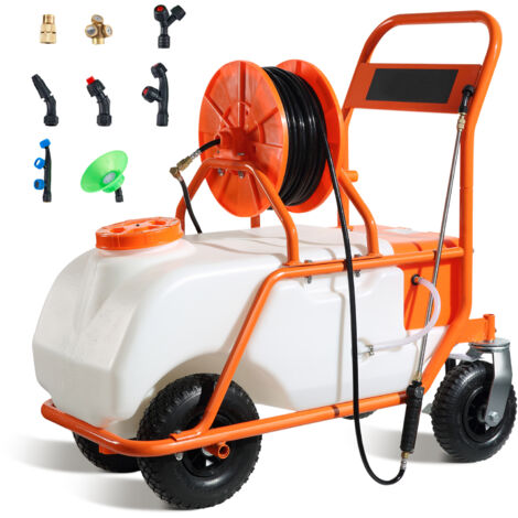 Mophorn – Pulvérisateur à gazon 60 L sur roues – Pression réglable 0-90 PSI – 8 buses et 2 baguettes – Couvercle large pour désherbage