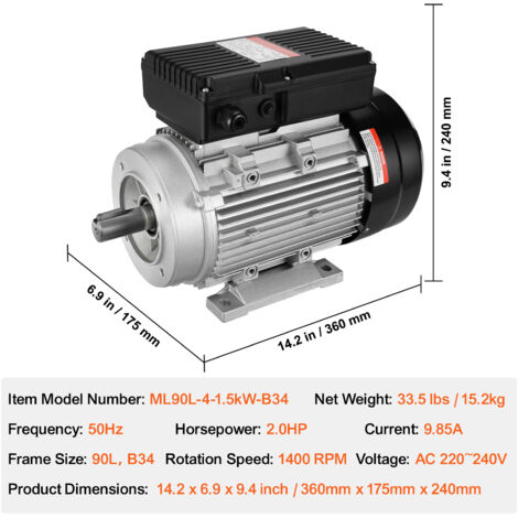 Moteur Électrique YL8024 0.75 KW 1 CV 1380 Tr/min Arbre 19 Mm Monophasé IP55 – Idéal Bétonnière Et Machines