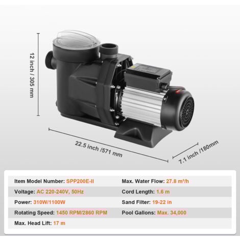 Mophorn Pompe de piscine hors sol  1,5 CV, 220 V-240 V, double vitesse, débit maximal 27 800 L/H, certifiée CE