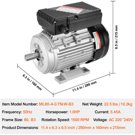 Moteur électrique Monophasé 0.75 KW 1400 Tr/min B5 - Marque Seipee - Neuf