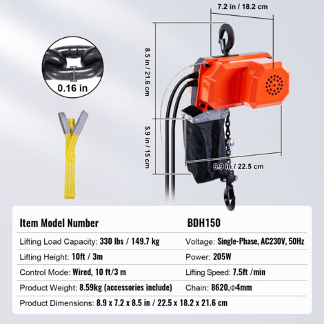 Palan électrique à Chaîne 150 Kg (330 Lb) – 10 Pieds, 110-120V, 1 Vitesse, Marque Prowinch