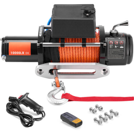 Mophorn Treuil électrique, d'une capacité de 10 000 lb, est un treuil de camion 12 V CC. Il est doté d'un guide-câble en aluminium synthétique de Φ7/20 po x 65 pi
