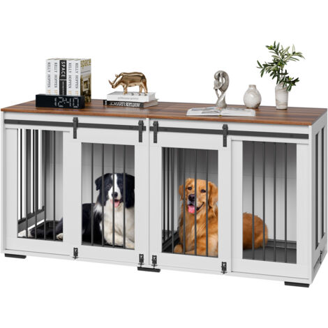 Mophorn Cage double pour chien de 72 po - Blanc, pour petits et grands chiens. Cadre en acier robuste, 2 portes coulissantes, plateau amovible. Fonctionne comme support TV. (1/5)