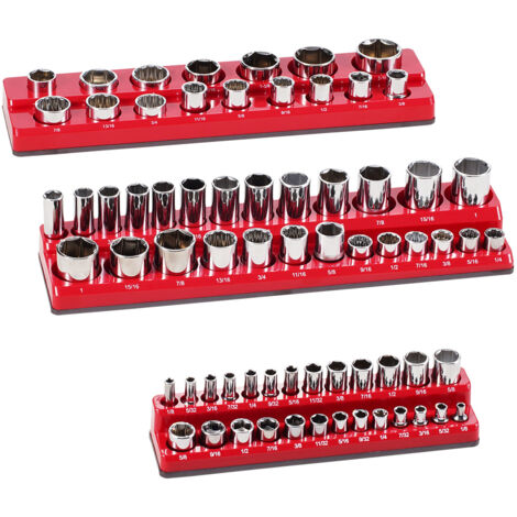 Mophorn Ensemble d'organisateurs de douilles magnétiques , 3 pièces, 1/4'', 3/8'', 1/2'' SAE, peut contenir jusqu'à 68 pièces, étiquettes transparentes, rouge (douilles non incluses) (1/5)