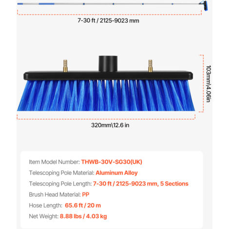 Mophorn Kit de perche alimentée en eau, perche de nettoyage de panneau solaire de 9 m avec poignée extensible, tête de brosse rotative à 180 ° et tuyau de 20 m, idéal pour le nettoyage des fenêtres