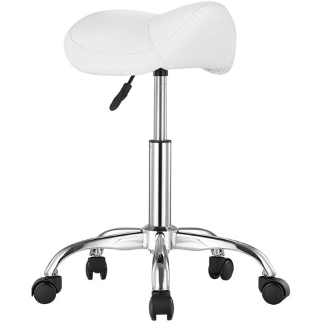 Mophorn Tabouret de selle avec roulettes, capacité de 450 lb, ergonomique et réglable, cuir PU épais, pour salon, spa, clinique, blanc (1/5)