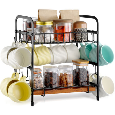Organiseur Café Bois Organiseur De Station De Café En Bois Massif - Design Monocouche Ou Double Couche - Range Tasses, Dosettes, Sucre - Pour Cuisine, Bureau Ou Salle De Pause - Style