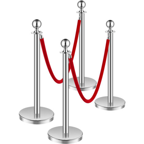 Mophorn Lot de 4 poteaux avec cordes en velours, poteaux en acier inoxydable, base creuse, 2 cordes en velours rouge, barrières de contrôle des foules argentées
