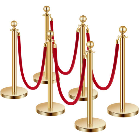 Mophorn Lot de 6 poteaux et cordes en velours, poteaux en acier inoxydable avec base creuse, 4 cordes en velours rouge, barrières de contrôle des foules dorées