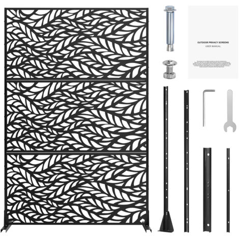 Mophorn Paravent d'intimité en métal, 119,4 cm (l) x 183,8 cm (h), cloison extérieure autoportante avec support, clôture décorative en acier à 3 panneaux, noir (1/5)