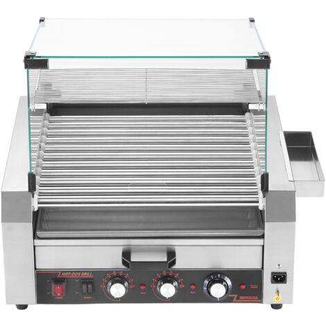 Mophorn Rouleau à hot-dogs avec 11 rouleaux, capacité de 30 saucisses, machine en acier inoxydable équipée d'un chauffe-petits pains, couvercle, compartiment latéral, bac à huile